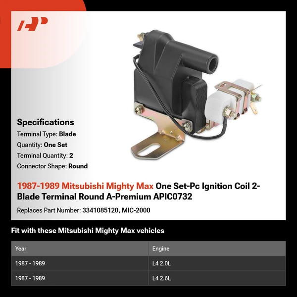 1987-1989 Mitsubishi Mighty Max One Set-Pc Ignition Coil 2-Blade Terminal Round A-Premium APIC0732