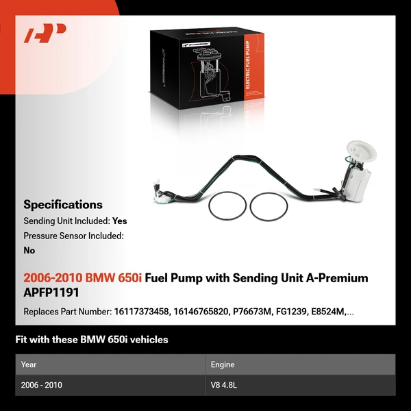 2006-2010 BMW 650i Fuel Pump with Sending Unit A-Premium APFP1191