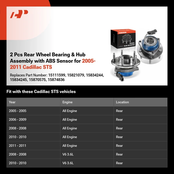 2 Pcs Rear Wheel Bearing & Hub Assembly with ABS Sensor for 2005-2011 Cadillac STS