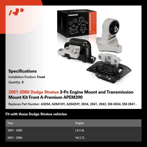 2001-2006 Dodge Stratus 3-Pc Engine Mount and Transmission Mount Kit Front A-Premium APEM390