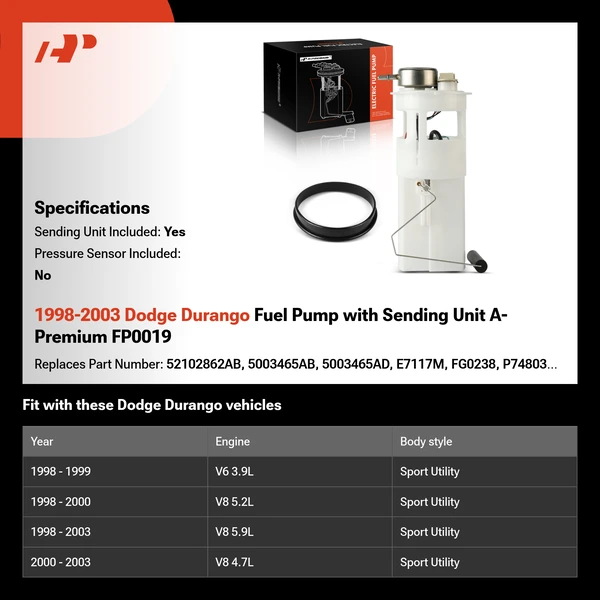 1998-2003 Dodge Durango Fuel Pump with Sending Unit A-Premium FP0019