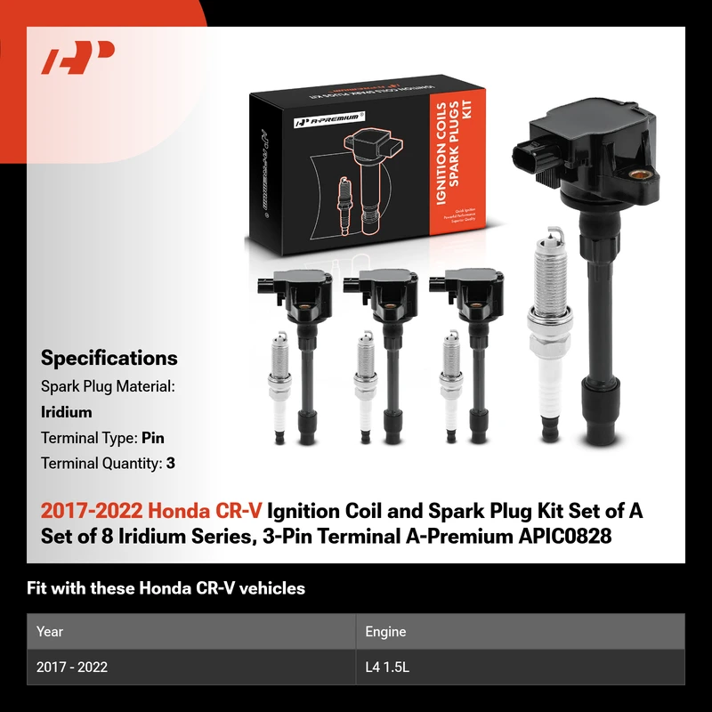 2017-2022 Honda CR-V Ignition Coil and Spark Plug Kit Set of A Set of 8 Iridium Series, 3-Pin Terminal A-Premium APIC0828