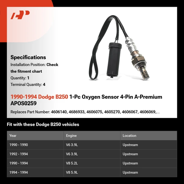 1990-1994 Dodge B250 1-Pc Oxygen Sensor 4-Pin A-Premium APOS0259