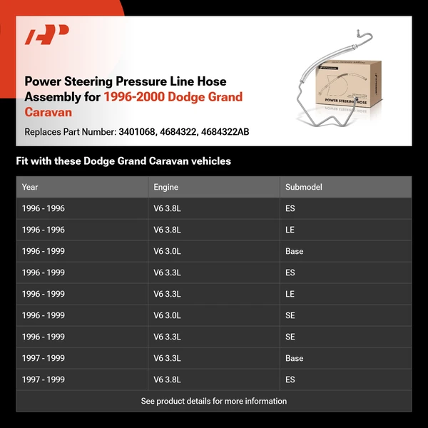 Power Steering Pressure Line Hose Assembly for 1996-2000 Dodge Grand Caravan