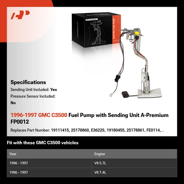 1996-1997 GMC C3500 Fuel Pump with Sending Unit A-Premium FP0012