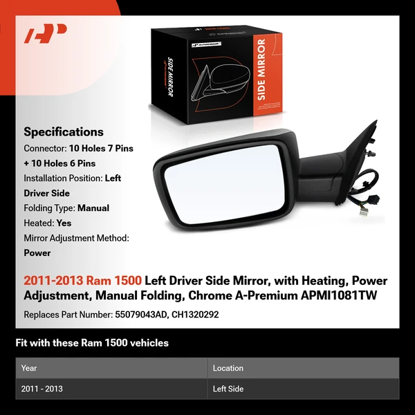 2011-2013 Ram 1500 Left Driver Side Mirror, with Heating, Power Adjustment, Manual Folding, Chrome A-Premium APMI1081TW