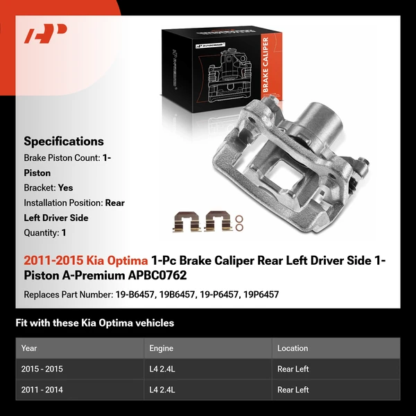 2011-2015 Kia Optima 1-Pc Brake Caliper Rear Left Driver Side 1-Piston A-Premium APBC0762