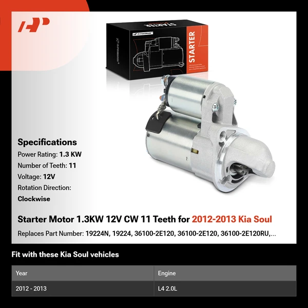 Starter Motor 1.3KW 12V CW 11 Teeth for 2012-2013 Kia Soul