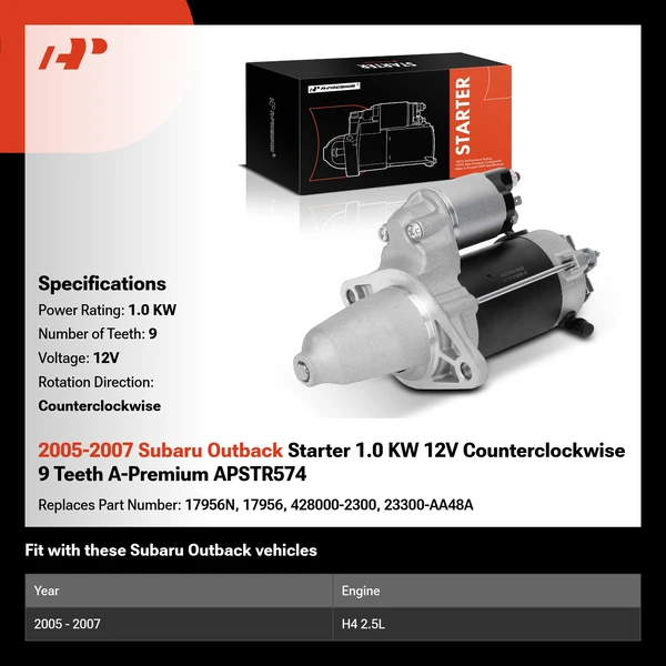 2005-2007 Subaru Outback Starter 1.0 KW 12V Counterclockwise 9 Teeth A-Premium APSTR574