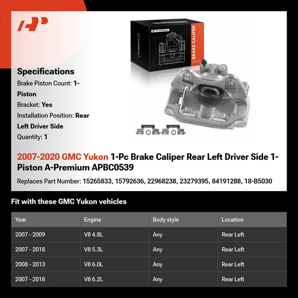 2007-2020 GMC Yukon 1-Pc Brake Caliper Rear Left Driver Side 1-Piston A-Premium APBC0539