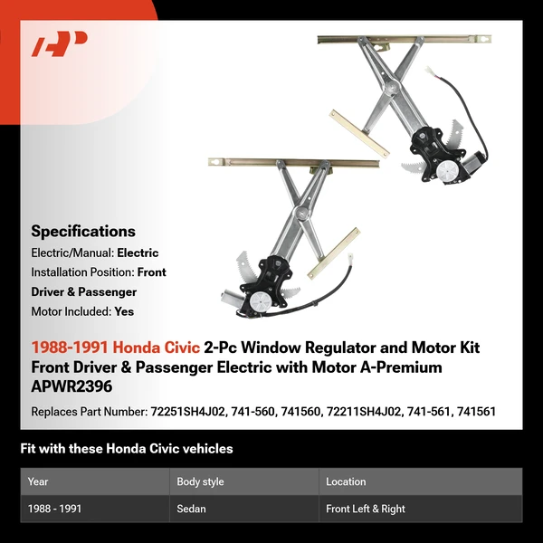 1988-1991 Honda Civic 2-Pc Window Regulator and Motor Kit Front Driver & Passenger Electric with Motor A-Premium APWR2396