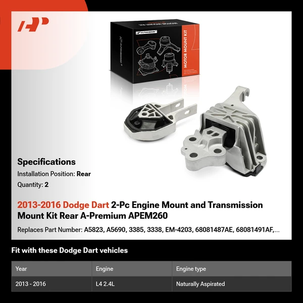 2013-2016 Dodge Dart 2-Pc Engine Mount and Transmission Mount Kit Rear A-Premium APEM260