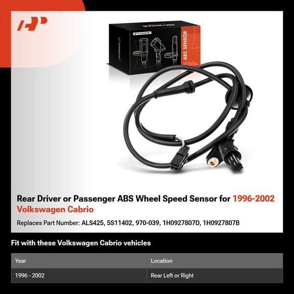 Rear Driver or Passenger ABS Wheel Speed Sensor for 1996-2002 Volkswagen Cabrio