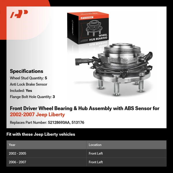 Front Driver Wheel Bearing & Hub Assembly with ABS Sensor for 2002-2007 Jeep Liberty
