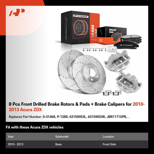 8 Pcs Front Drilled Brake Rotors & Pads + Brake Calipers for 2010-2013 Acura ZDX