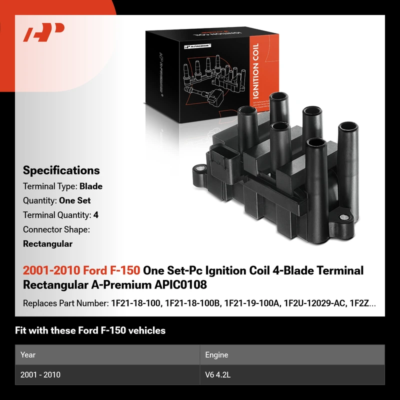 2001-2010 Ford F-150 One Set-Pc Ignition Coil 4-Blade Terminal Rectangular A-Premium APIC0108