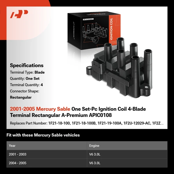 2001-2005 Mercury Sable One Set-Pc Ignition Coil 4-Blade Terminal Rectangular A-Premium APIC0108