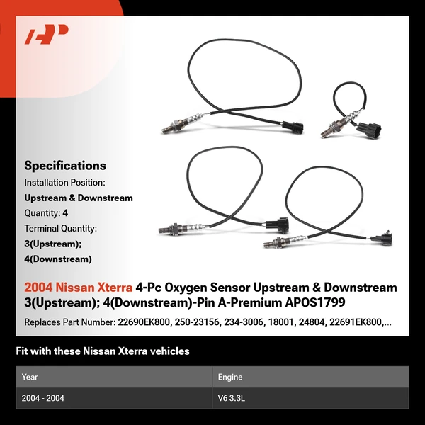 2004 Nissan Xterra 4-Pc Oxygen Sensor Upstream & Downstream 3(Upstream); 4(Downstream)-Pin A-Premium APOS1799