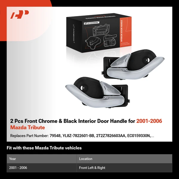 2 Pcs Front Chrome & Black Interior Door Handle for 2001-2006 Mazda Tribute