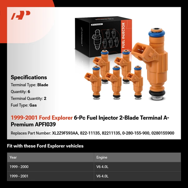 1999-2001 Ford Explorer 6-Pc Fuel Injector 2-Blade Terminal A-Premium APFI039