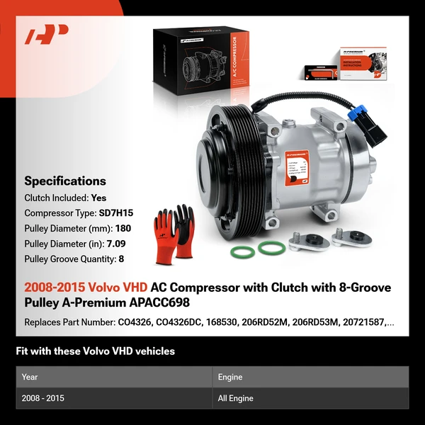2008-2015 Volvo VHD AC Compressor with Clutch with 8-Groove Pulley A-Premium APACC698