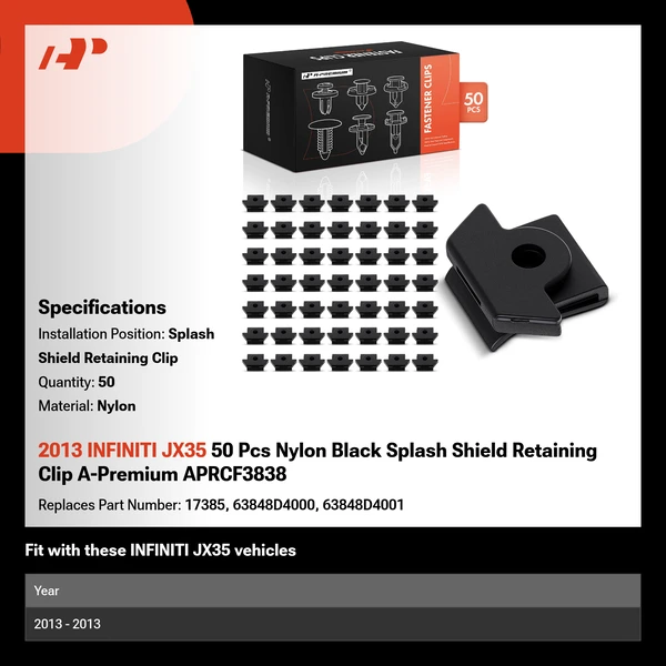 2013 INFINITI JX35 50 Pcs Nylon Black Splash Shield Retaining Clip A-Premium APRCF3838
