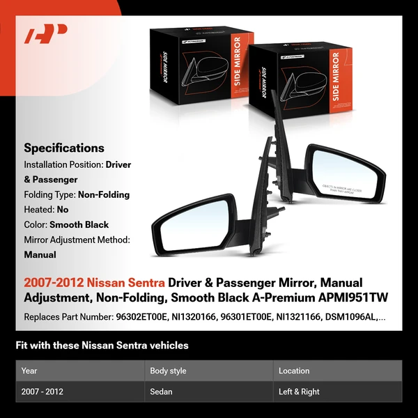 2007-2012 Nissan Sentra Driver & Passenger Mirror, Manual Adjustment, Non-Folding, Smooth Black A-Premium APMI951TW