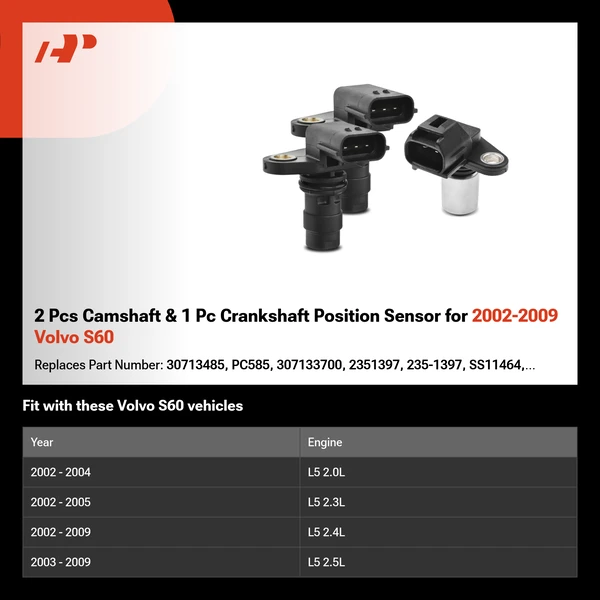 2 Pcs Camshaft & 1 Pc Crankshaft Position Sensor for 2002-2009 Volvo S60