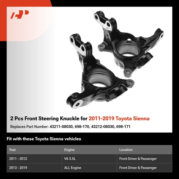 2 Pcs Front Steering Knuckle for 2011-2019 Toyota Sienna