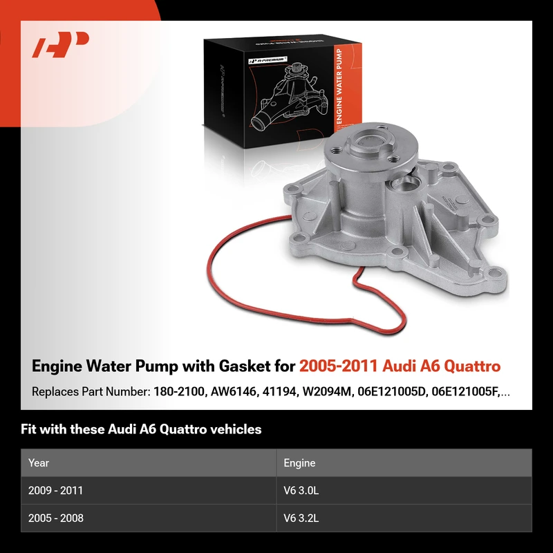 Engine Water Pump with Gasket for 2005-2011 Audi A6 Quattro