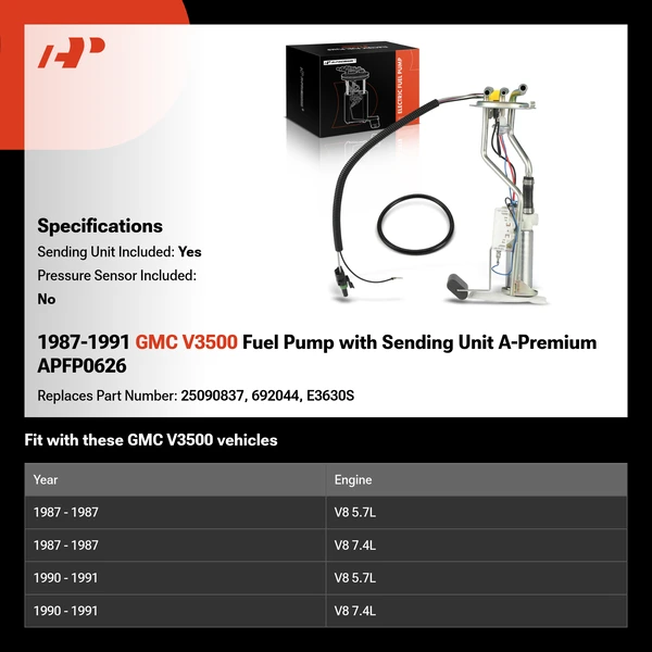 1987-1991 GMC V3500 Fuel Pump with Sending Unit A-Premium APFP0626