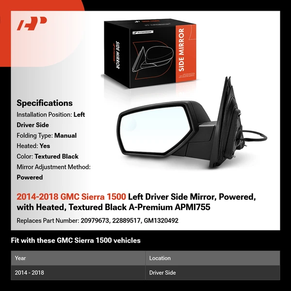 2014-2018 GMC Sierra 1500 Left Driver Side Mirror, Powered, with Heated, Textured Black A-Premium APMI755