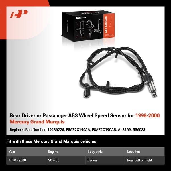 Rear Driver or Passenger ABS Wheel Speed Sensor for 1998-2000 Mercury Grand Marquis