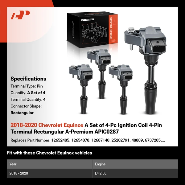 2018-2020 Chevrolet Equinox A Set of 4-Pc Ignition Coil 4-Pin Terminal Rectangular A-Premium APIC0287