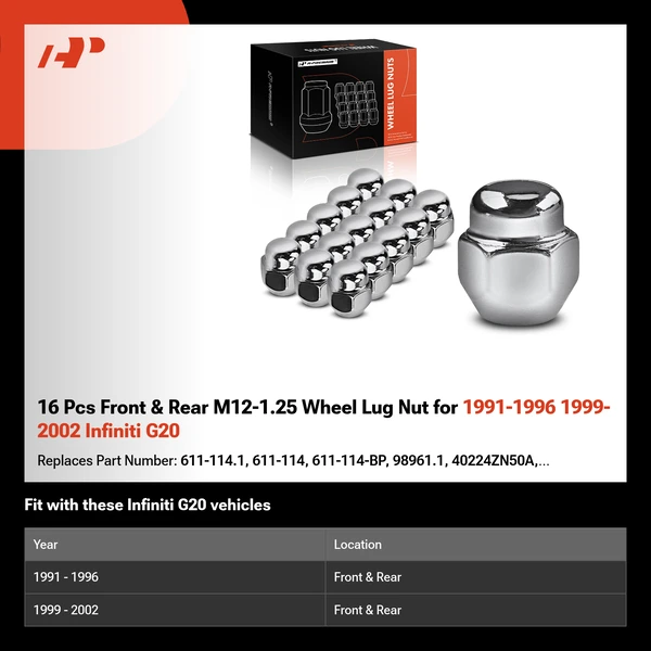 16 Pcs Front & Rear M12-1.25 Wheel Lug Nut for 1991-1996 1999-2002 Infiniti G20