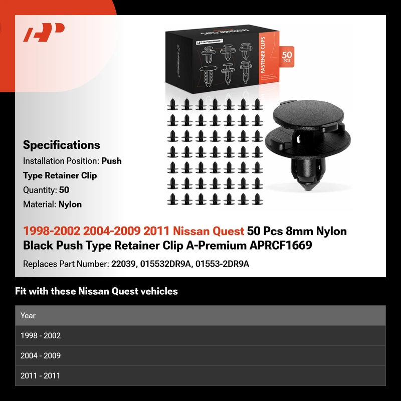 1998-2002 2004-2009 2011 Nissan Quest 50 Pcs 8mm Nylon Black Push Type Retainer Clip A-Premium APRCF1669