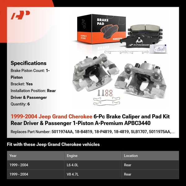 1999-2004 Jeep Grand Cherokee 6-Pc Brake Caliper and Pad Kit Rear Driver & Passenger 1-Piston A-Premium APBC3440