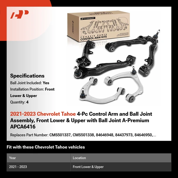 2021-2023 Chevrolet Tahoe 4-Pc Control Arm and Ball Joint Assembly, Front Lower & Upper with Ball Joint A-Premium APCA6416