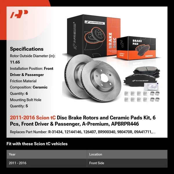 2011-2016 Scion tC Disc Brake Rotors and Ceramic Pads Kit, 6 Pcs, Front Driver & Passenger, A-Premium, APBRPR446