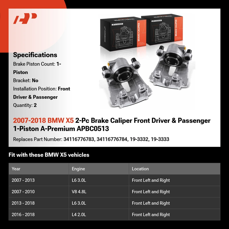 2007-2018 BMW X5 2-Pc Brake Caliper Front Driver & Passenger 1-Piston A-Premium APBC0513