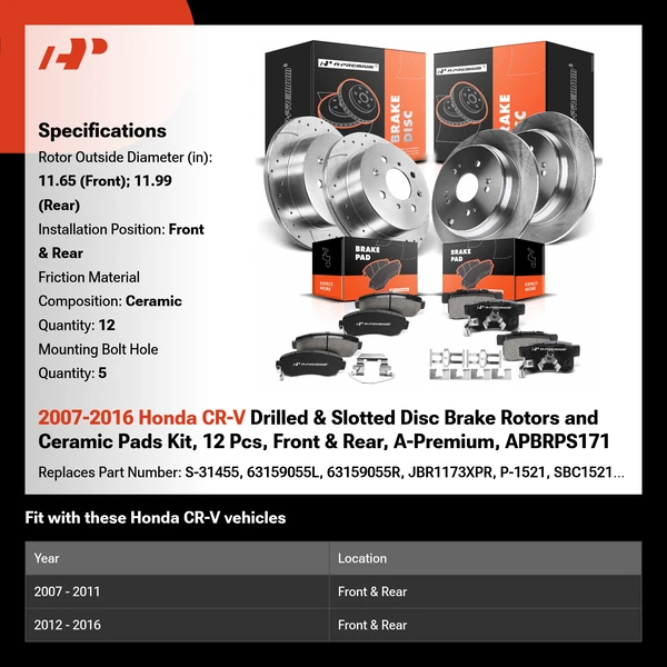 2007-2016 Honda CR-V Drilled & Slotted Disc Brake Rotors and Ceramic Pads Kit, 12 Pcs, Front & Rear, A-Premium, APBRPS171