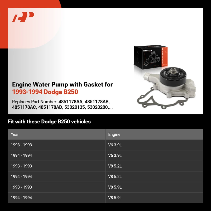 Engine Water Pump with Gasket for 1993-1994 Dodge B250