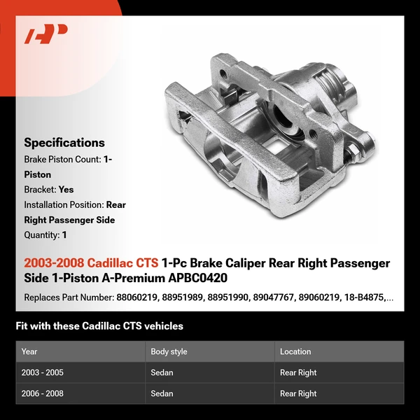 2003-2008 Cadillac CTS 1-Pc Brake Caliper Rear Right Passenger Side 1-Piston A-Premium APBC0420