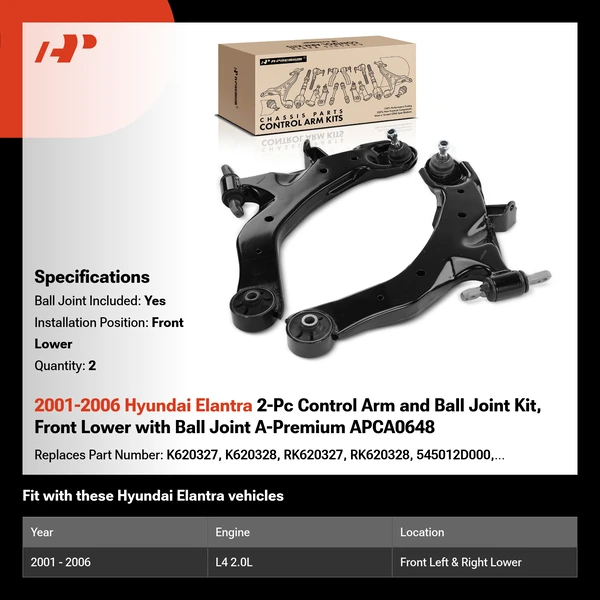 2001-2006 Hyundai Elantra 2-Pc Control Arm and Ball Joint Kit, Front Lower with Ball Joint A-Premium APCA0648
