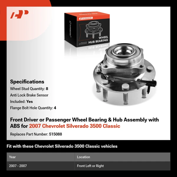 Front Driver or Passenger Wheel Bearing & Hub Assembly with ABS for 2007 Chevrolet Silverado 3500 Classic