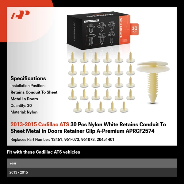 2013-2015 Cadillac ATS 30 Pcs Nylon White Retains Conduit To Sheet Metal In Doors Retainer Clip A-Premium APRCF2574