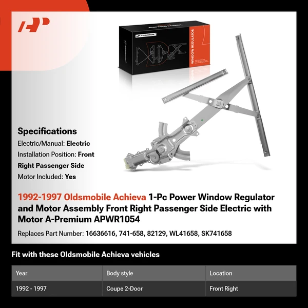 1992-1997 Oldsmobile Achieva 1-Pc Power Window Regulator and Motor Assembly Front Right Passenger Side Electric with Motor A-Premium APWR1054