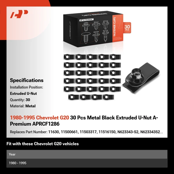 1980-1995 Chevrolet G20 30 Pcs Metal Black Extruded U-Nut A-Premium APRCF1286