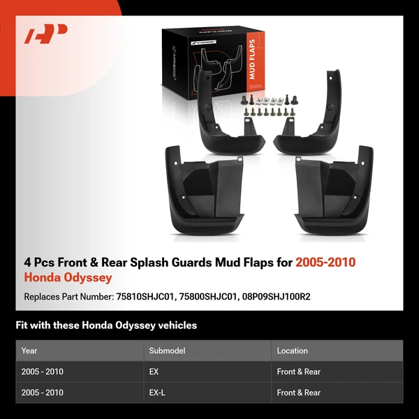 4 Pcs Front & Rear Splash Guards Mud Flaps for 2005-2010 Honda Odyssey