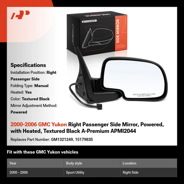 2000-2006 GMC Yukon Right Passenger Side Mirror, Powered, with Heated, Textured Black A-Premium APMI2044